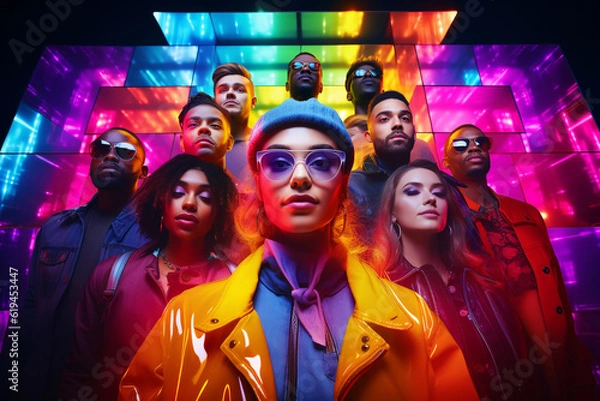 Fototapeta Collage made of close-up portraits of different people, men and women looking at camera over multicolored background in neon light made with AI generative technology