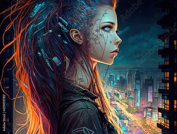 Fototapeta An evocative colored sketch of a cyberpunk girl (Generative AI)