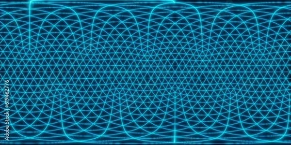Fototapeta 3D Illustration; Computer-generated imagery;  CGI modeling; HDRI; 360º view panoramic; VR; Glowing futuristic blue grid