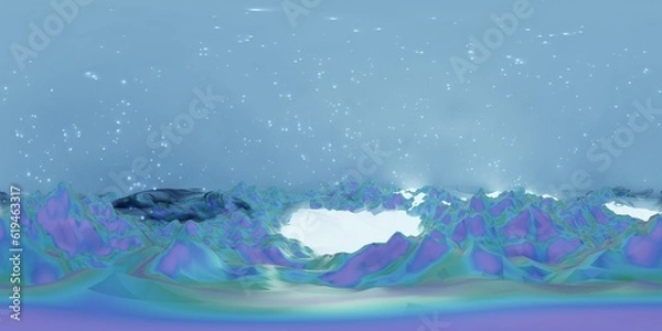 Obraz 3D Illustration; Computer-generated imagery;  CGI modeling; HDRI; 360º view panoramic; VR; Iridescent mountain glowing neon blue landscape 