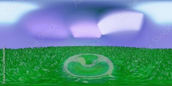 Obraz 3D Illustration; Computer-generated imagery;  CGI modeling; HDRI; 360º view panoramic; VR; Slime green jelly floor with purple sky
