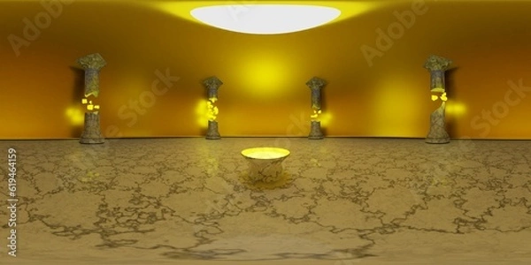 Fototapeta 3D Illustration; Computer-generated imagery;  CGI modeling; HDRI; 360º view panoramic; VR; Golden interior with a yellow lighted totem