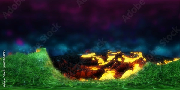Obraz 3D Illustration; Computer-generated imagery;  CGI modeling; HDRI; 360º view panoramic; VR; Dramatic chaos volcano with hot lava