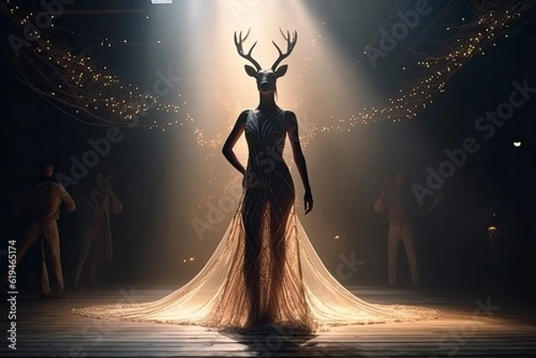 Obraz Illustration of a deer wearing a dress like a model walks down the fashion runway or catwalk. The stage lights are focused on it. Generative Ai.