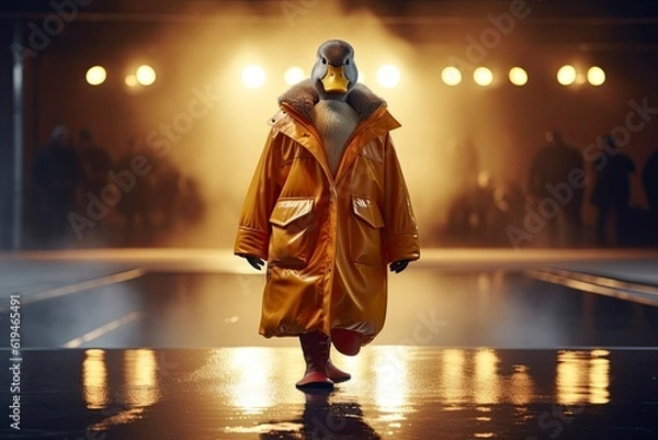 Obraz Illustration of  duck wearing a coat like a model walks down the fashion runway or catwalk. The stage lights are focused on it. Generative Ai.