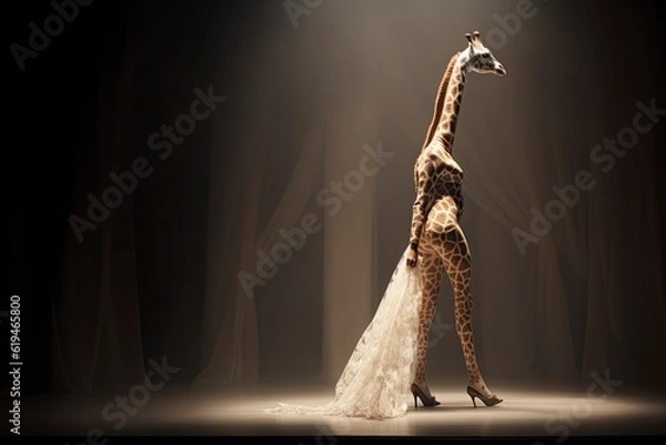 Obraz Illustration of  giraffe wearing a dress like a model walks down the fashion runway or catwalk. The stage lights are focused on it. Generative Ai.