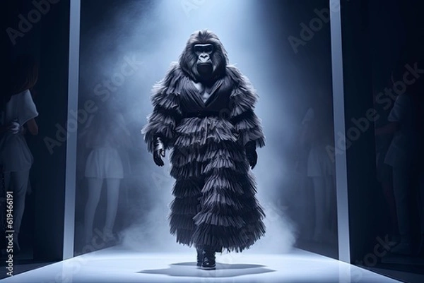 Obraz  Illustration of a gorilla wearing a dress like a model walks down the fashion runway or catwalk. The stage lights are focused on it. Generative Ai.