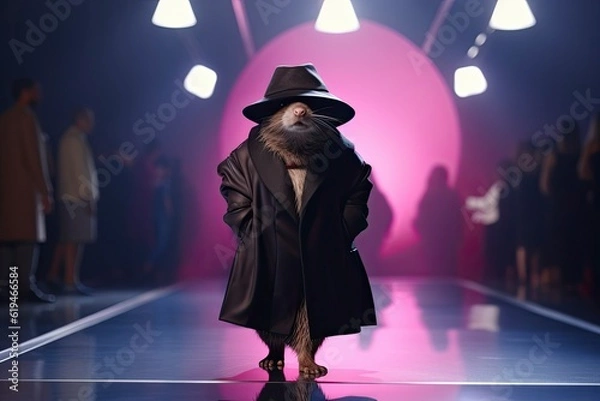 Obraz Illustration of  mole wearing a coat and hat like a model walks down the fashion runway or catwalk. The stage lights are focused on it. Generative Ai.
