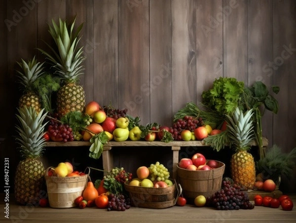 Obraz Fruits and vegetables on rustic background