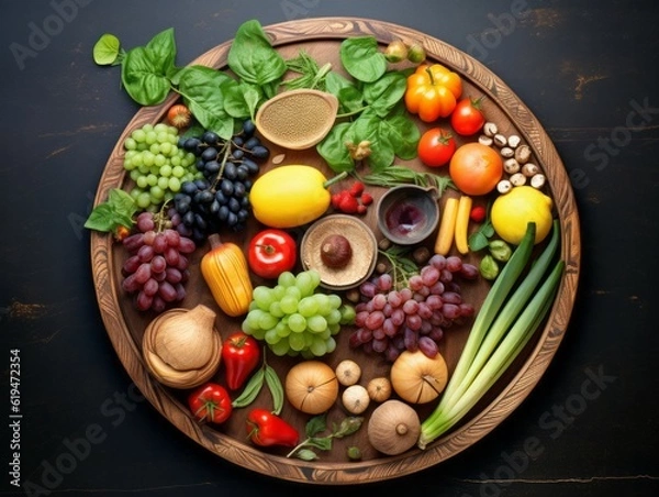 Obraz Fruits and vegetables on rustic background