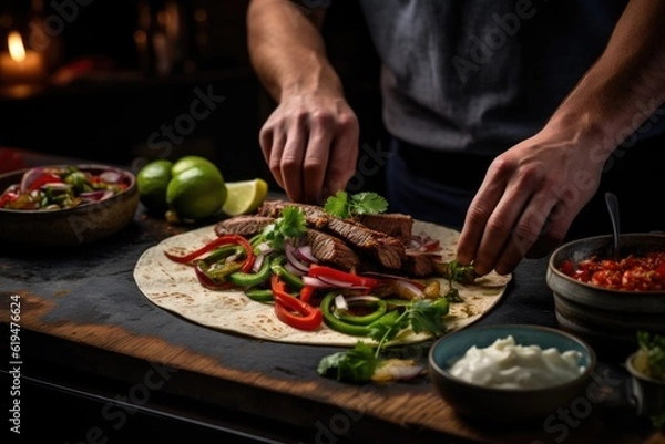 Fototapeta a chef garnishing fajitas. maxican food cooking. Generative AI