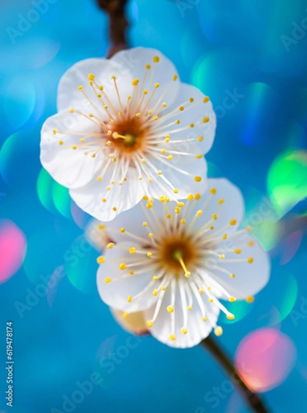 Obraz 青い背景の二輪の梅の花