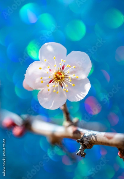 Obraz 虹色と青い背景の一輪の梅の花