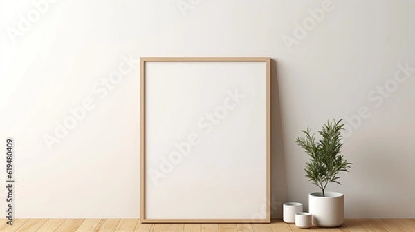 Obraz Blank photo frame mockup suspended from a wall, with a wooden floor beneath, minimalistic, cut-out style. --ar 16:9