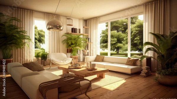 Fototapeta 3D render Nature's Haven- A Serene Fusion of Living Room and Garden relax view for Tranquility and Harmonious Connection interior design
