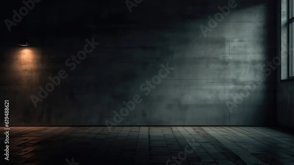Fototapeta dark charcoal room with black tiles and black paint, beautiful dark room with wall lamp and dramatic lighting, best for background concepts and ideas for business presentation background