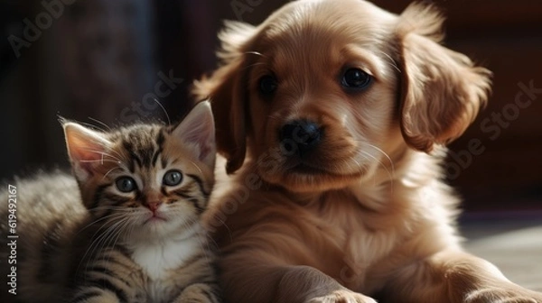 Fototapeta Cute puppy and kitten next to each other