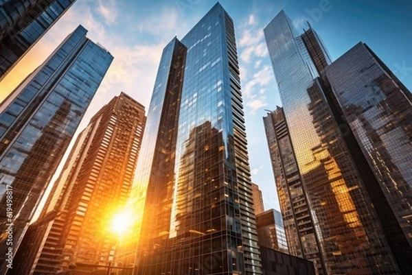 Fototapeta A cluster of skyscrapers reaches for the sky, their glass facades reflecting the setting sun. Generative AI