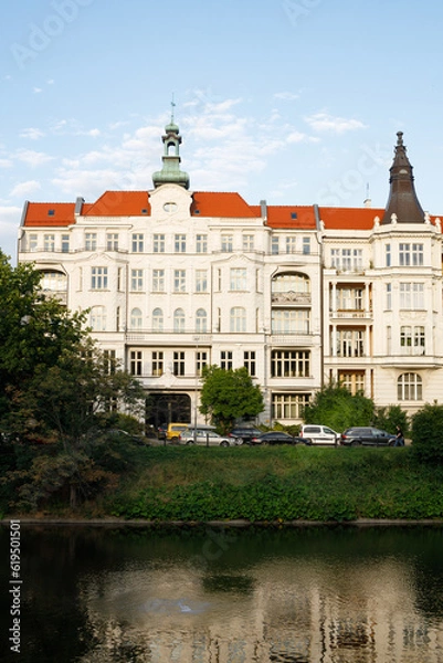 Fototapeta German Consulate General building in Wroclaw, Poland. View of the building located on the bank of the pond next to the park