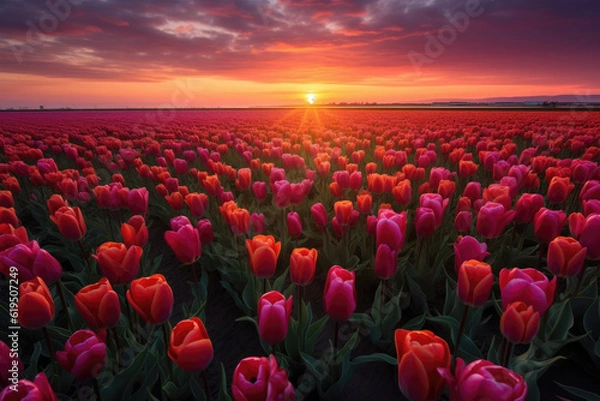 Obraz Captivating scene of a magical landscape as the sun rises over a vibrant tulip field in the Netherlands. The colors and beauty of the flowers create a stunning visual display. Generative AI.