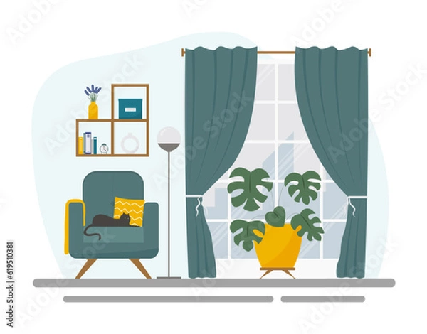 Fototapeta Modern living room interior with a black cat on the armchair. Concept vector illustration in flat style.