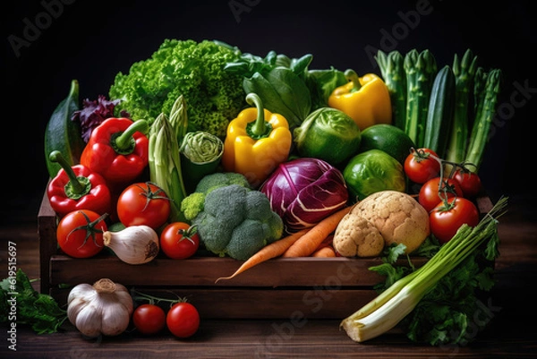Fototapeta This close-up shot beautifully captures a delightful display of freshly harvested vegetables arranged in a rustic wooden crate or basket. Generative AI.