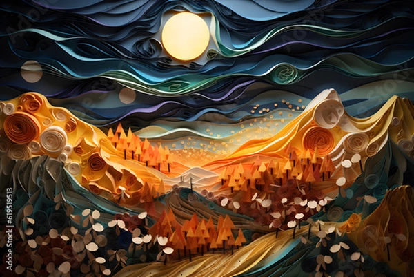 Fototapeta Autumn landscape, layered paper art, starry sky with moon, forest and mountains, 3d paper cut illustration, abstract background created with generative AI