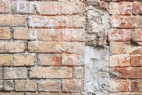 Fototapeta Red, White, Green, Pink, Paint, Mold, Wall Background. Old Grungy Brickwork Horizontal Texture. Brickwall Backdrop. Structure With Broken Stucco And Plaster.