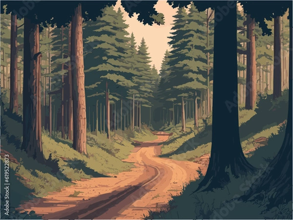 Obraz A painting of a road running through a forest flanked by rocks and trees. landscape forest.