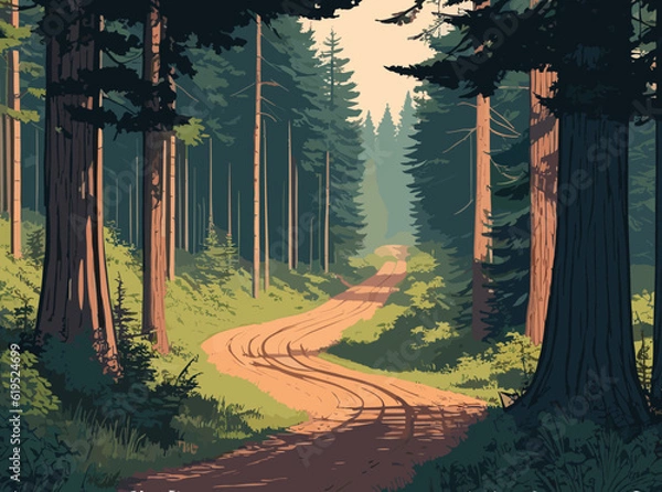 Obraz A painting of a road running through a forest flanked by rocks and trees. landscape forest.