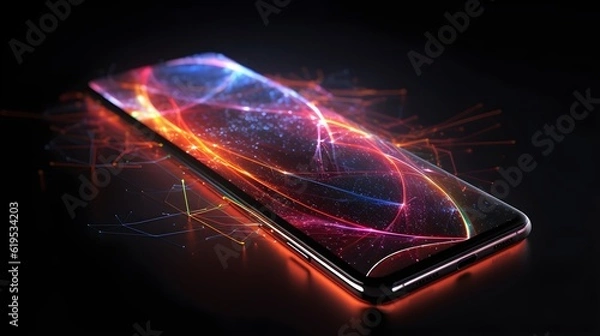 Fototapeta High technology smart phone with neon light demonstrate for new technology for Ai Generative.  