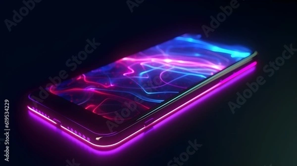 Fototapeta High technology smart phone with neon light demonstrate for new technology for Ai Generative.  