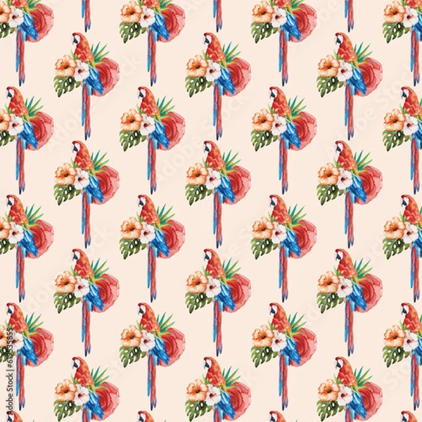 Fototapeta Vector illustration of a seamless floral pattern with cute birds in spring for Wedding, anniversary, birthday and party. Design for banner, poster, card, invitation and scrapbook