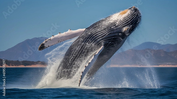 Obraz An awe - inspiring, photorealistic shot of a blue whale breaching the surface of the ocean, a triumph for endangered marine species conservation