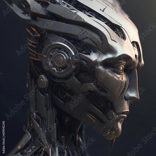 Fototapeta Futuristic cyborg head side view. 3D rendering. AI generated