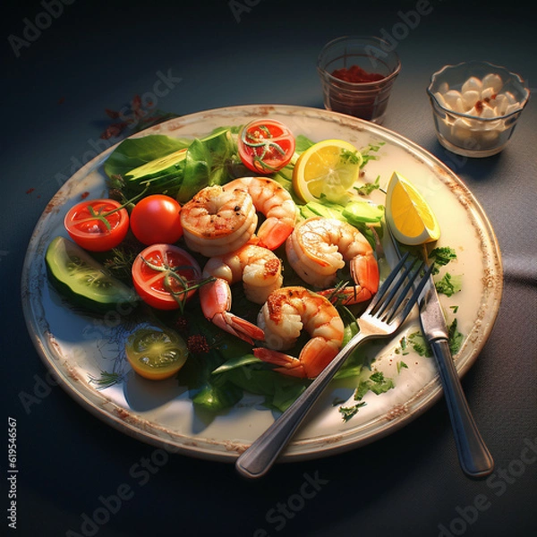 Fototapeta picture salad with vegetables and shrimps, greens in a plate