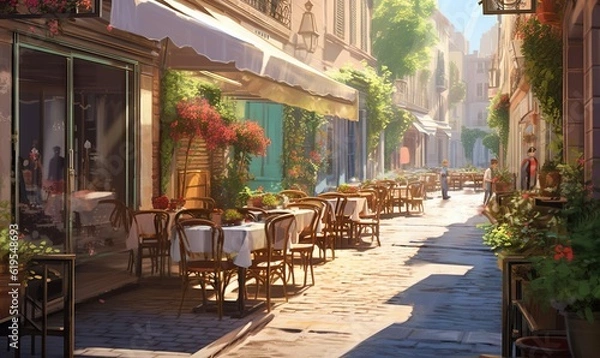 Fototapeta  a painting of a street with tables and chairs on it.  generative ai