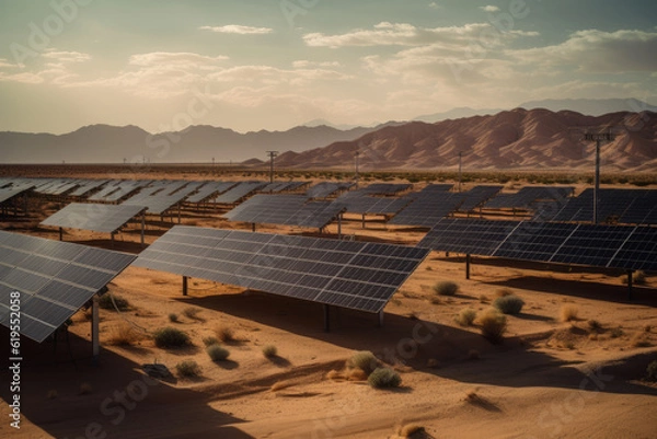 Obraz Large solar power plant in the desert, renewable solar energy, AI Generated