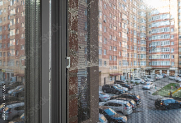 Obraz Mosquito wire screen protects the apartment from the penetration of spiders, flies, insects and dust. Cobweb or spider web outside the window.