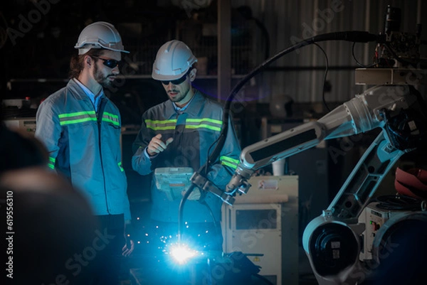 Fototapeta Caucasian male engineers wearing safety uniform, control and monitor automatic welding machine arm robot in intelligent factory in real-time monitoring system software, digital manufacturing operation