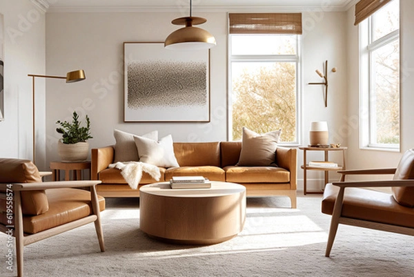 Obraz Mid-century style interior design of modern living room with terra cotta sofa and brown leather armchairs. Created with generative AI