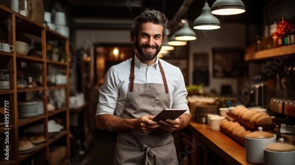 Fototapeta Restauracja szef kuchni zamawia artykuły spożywcze do kuchni za pomocą komputera tabletu utworzonego z generatywną technologią AI