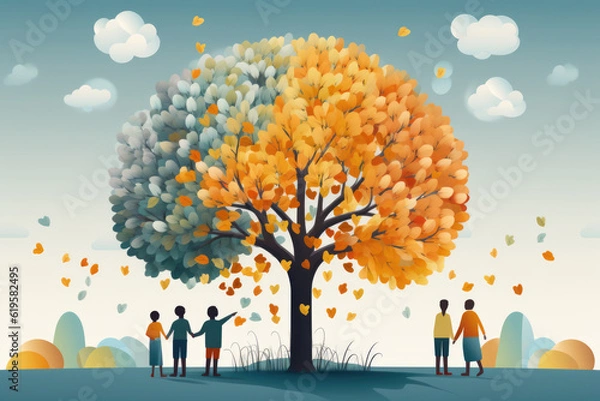 Fototapeta Blue and Orange tree with heart shaped leaves - mental health in old age - generative ai
