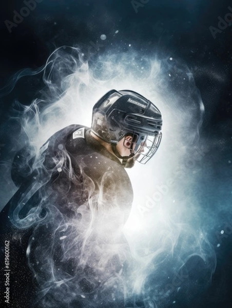 Fototapeta Hockey player in smoke with swirling background and sparkling particles, AI