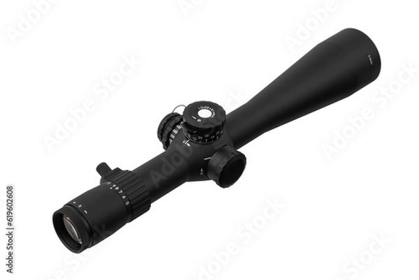 Fototapeta Modern sniper scope on a white back. Optical device for aiming and shooting at long distances.