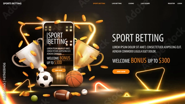Fototapeta Sport betting, black and gold banner with smartphone with champion cups, sport balls and falling gold coins in black scene with neon triangle frame in scene with neon gold triangles around