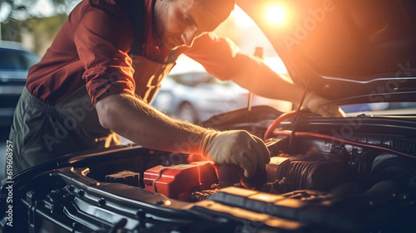 Fototapeta Technik Ręce mechaniki samochodowej naprawa w serwisie automatycznej naprawy akumulator elektrycznej i konserwacja akumulatora samochodowego. Sprawdź układ elektryczny wewnątrz samochodu.
