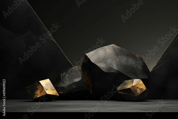 Obraz Black AND GOLD geometric Stone and Rock shape background, minimalist mockup for podium display or showcase, Generative ai