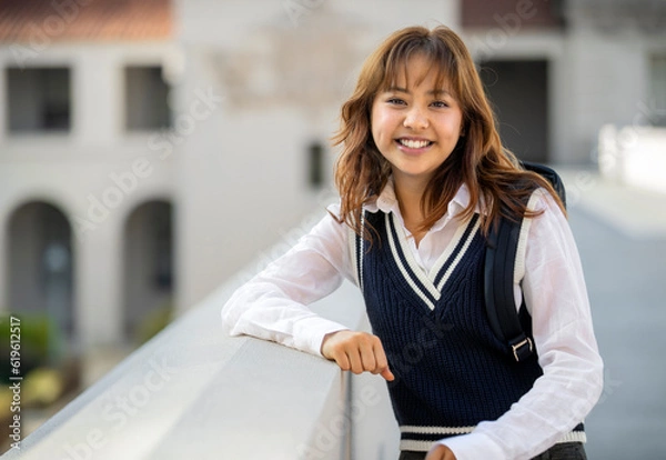 Obraz Portrait of young multiethnic Pacific Islander smiling student with backpack on college or university campus