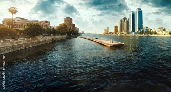 Obraz Egypt, Cairo - Panoramic View of Nile River and Modern Skyscrapers, Buildings near Zamalek and Downtown Cairo, Sunset View.
